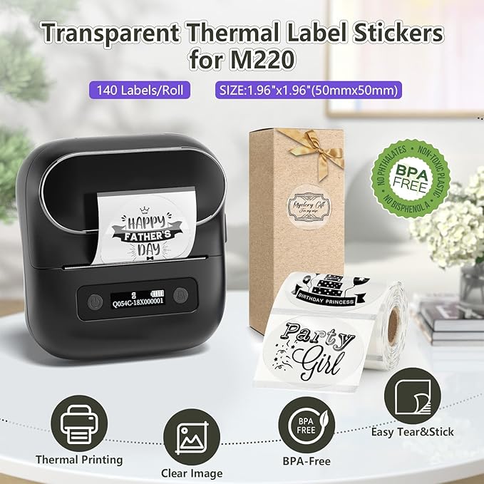 3 Rolls Transparent Thermal Labels,50x50mm Round Label Sticker for Phomemo M110/M120/M220/241BT,for MUNBYN 130B Printer,Waterproof Label Paper for DIY,Name,Logo,Price,Barcode(140/Roll)