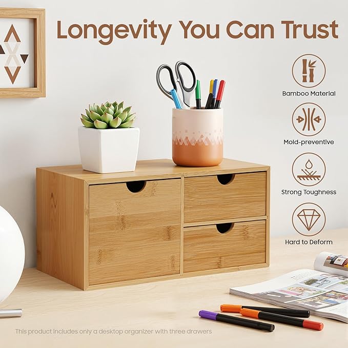 Ringmaster Bamboo Desk Organizer with 3 Drawers,Mini Desktop Organizer Drawer Tabletop Storage Organization Box for Office Home Supplies