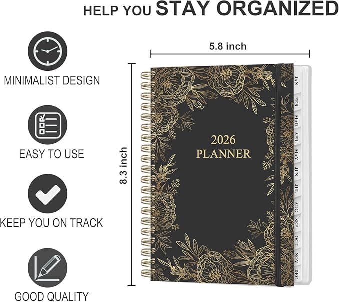 2026 Planner - Weekly and Monthly Planner Calendar from January 2026 to December 2026, Planning Agenda with Tabs & Inner Pocket, Spiral Bound for School/Office Supplies, 5.8'' × 8.3'', Gold Floral Black
