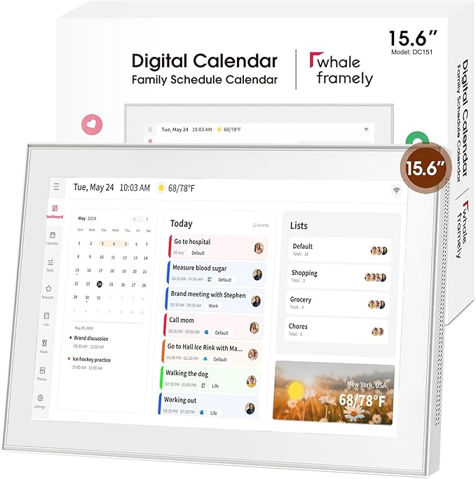 Whale Framely 15.6 Inch Digital Wall Calendar Touchscreen, Smart Family Schedule & Chore Chart, IPS FHD Wall Planner with Auto-Rotate, Wall Organizer, Gift for Women/Mom