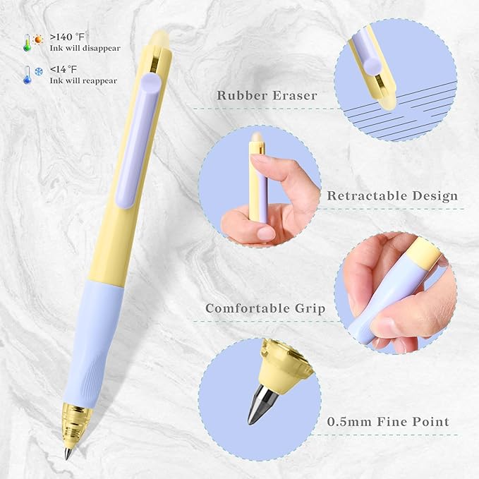 Temiary 6 Pcs Retractable Erasable Gel Pens & 10 Pcs Extra Refills, Fine Point 0.5 mm with Comfortable Grip, Make Mistakes Disappear, Black Ink Pen for Planners and Crossword Puzzle (Black Ink)