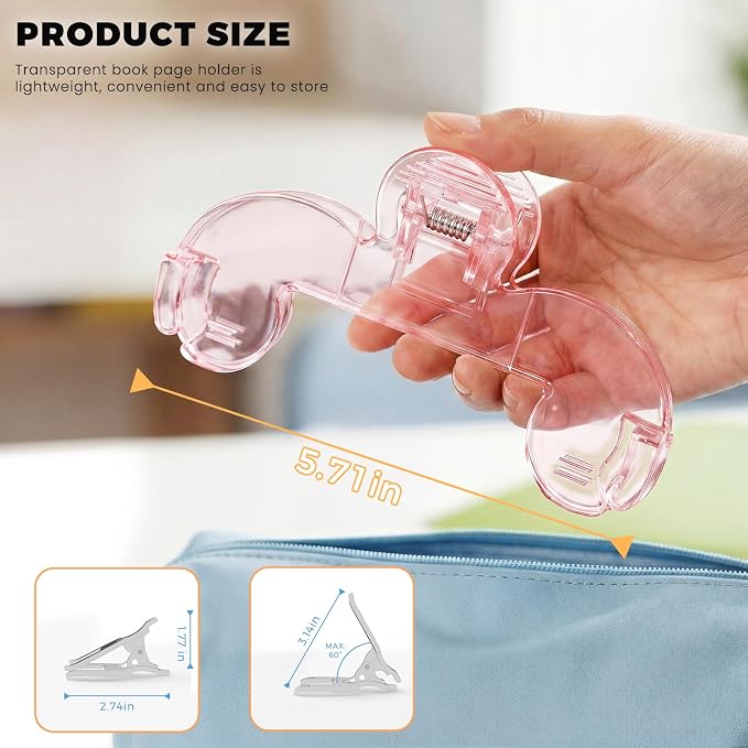 Transparent Book Page Holder for Reading, Large Book Clips to Hold Book Open, Page Holder Clip for Fixing Music Book, Page Marker for Teaching, Cooking （Pink）
