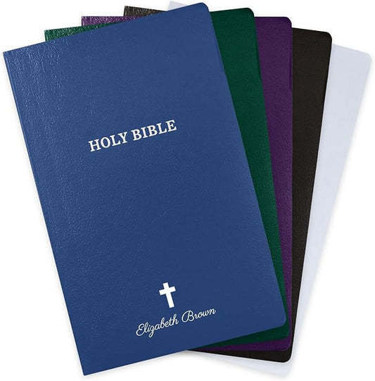 MerchSalad Personalized KJV Bible King James Version Faux Leather Holy Bible Custom Name Includes Up to 3 Rows of Text Red-Highlighted Verses, Custom Gift Christian & Religious Celebrations (Blue)