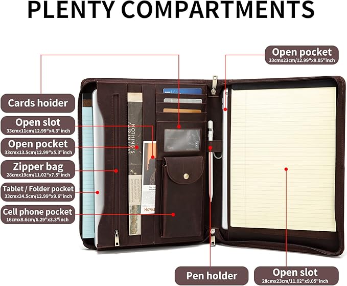 YIWEN Handmade Leather Portfolio, Zippered Padfolio Organizer Case, 8.5 x 11" Notepad Holder and 13" Tablet Folio, Professional Business Travel Gift for Women and Men (Dark Brown, Crazy Horse Leather)