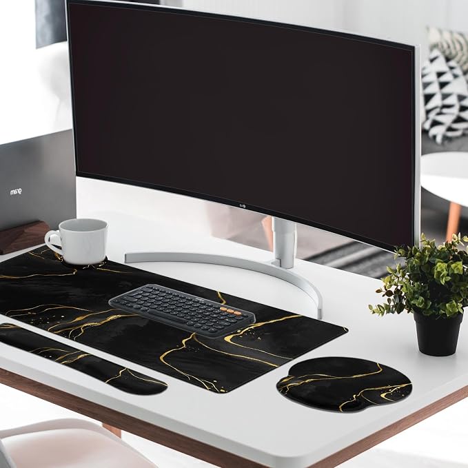 Britimes Black Gold Marble Keyboard Mouse Pad Set 4in1 Large Mousepad+Keyboard Wrist Rest+Mouse Wrist Rest+Coaster Ergonomic Design for Home Office Computer 35.4x15.7 inches