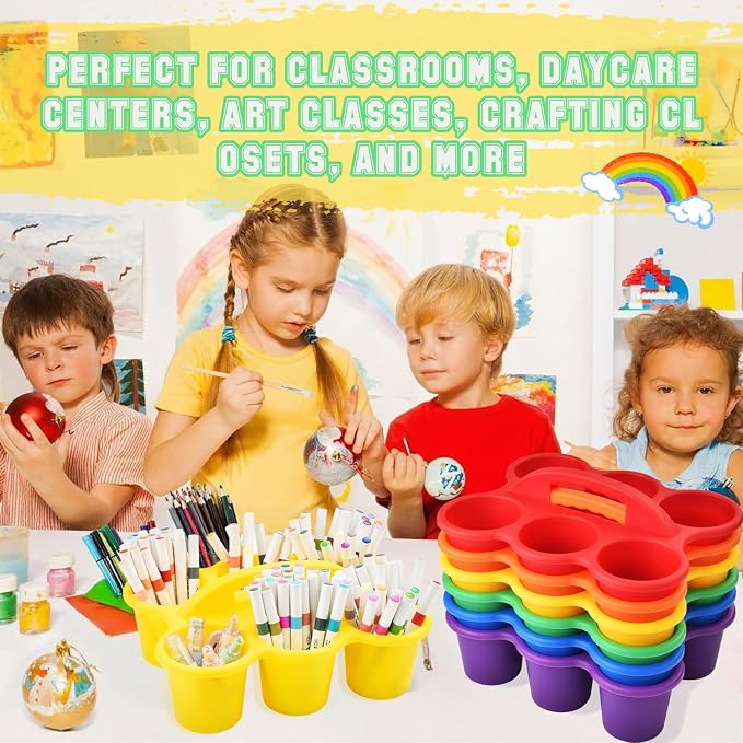 Haundry 6 Pack Classroom Caddy Storage Basket with Handle, Plastic Drink Cup Caddy Holder, 6 Compartments for Kids, Table, Office, Arts, Crafts, Crayon, Marker, Pencil, School Supplies