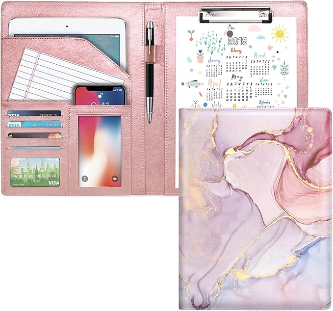 WAVEYU Padfolio Business/Resume Portfolio Folder, Leather Interview Portfolio Business Portfolio Portfolio Organizer with Legal Pad Folder Clipboard,Interview Folder for Men/Women, Colorful Pink