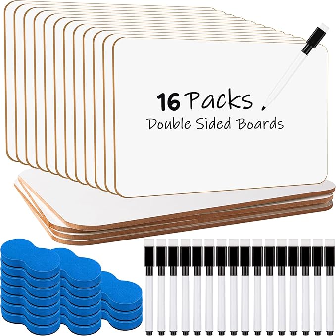 Small White Board Dry Erase, 16 Packs Double Sided Mini Whiteboards with 8 Markers and 8 Erasers 7'' x 10''