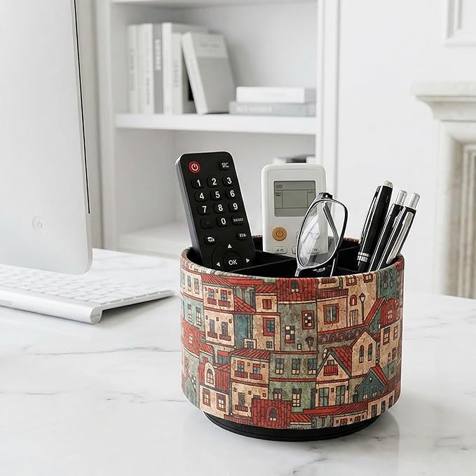 Round Leather Art Supply Organizer,Remote Control Holder,360 Degree Spinning,Multi-Functional Pencil Holder,4 Compartments Desktop Stationary Organizer(1-Red House)