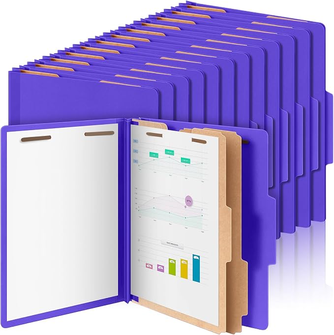 Skyygemm 60 Pcs Classification Folders Letter Size, 2 Divider Pressboard File Folders with 3. 5 Inch Expansion, 2 Prongs Fastener, Heavy Duty Office File Organizers for Teachers, Medical (Purple)