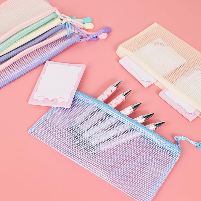 10 Pcs A6 Clear Zipper Pouch Bags - 5 Colors Plastic Mesh Storage Organizers for School Supplies, Office Travel Accessories & Classroom Organization (A6)