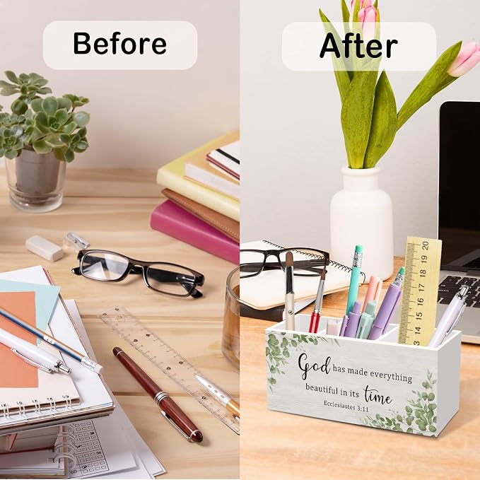 Bible Pen Pencil Holder for Desk, Sage Christian Office Desk Accessories Decor, Sage Green Christian Motivational Pen Holders Organizer for Farmhouse Home Classroom Bathroom