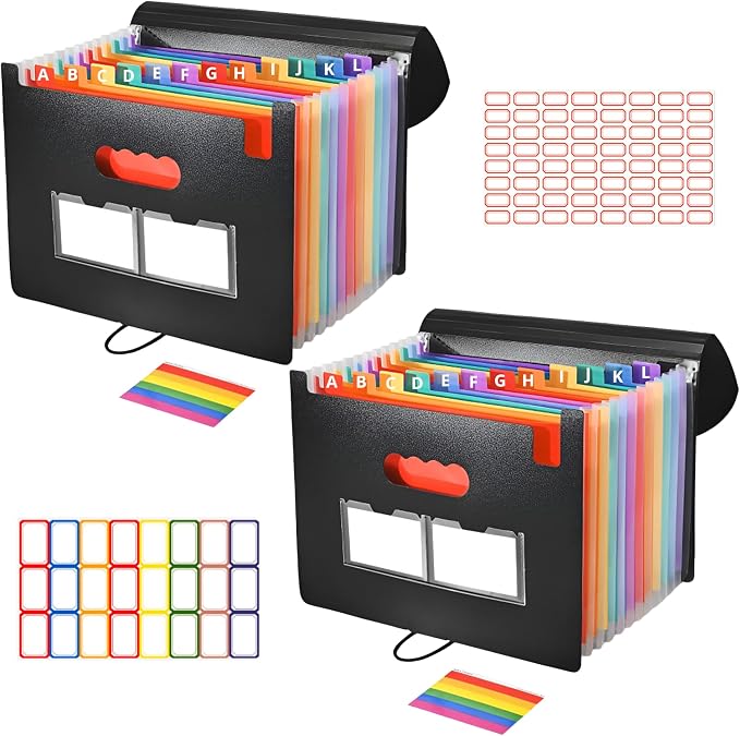 13 Pockets Accordion File Organizer 2 Packs Desktop Expanding File Folders with Colorful tabs for Paper Receipts, Bills&Taxes Organizer, Letter/A4 Size Document Holder for School, Office, Home
