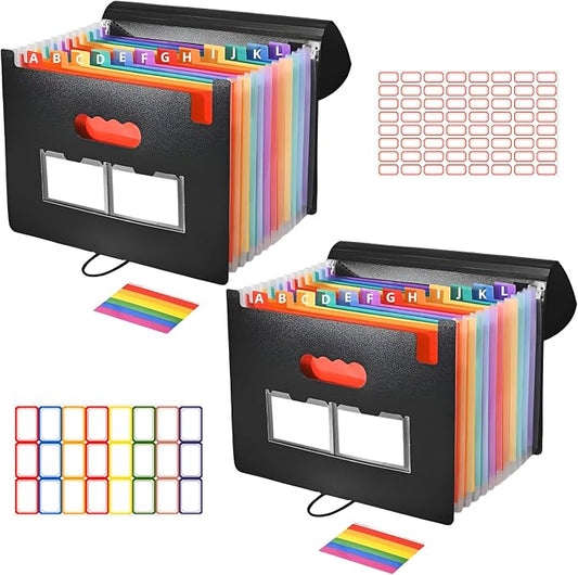 13 Pockets Accordion File Organizer 2 Packs Desktop Expanding File Folders with Colorful tabs for Paper Receipts, Bills&Taxes Organizer, Letter/A4 Size Document Holder for School, Office, Home