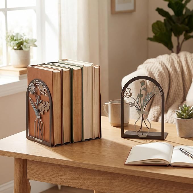 6 Pair Colourful Flower Metal Bookends Decorative Book Ends for Shelves Non-Slip Book Stopper Flower Shelf Holder for Home School Office Heavy Books