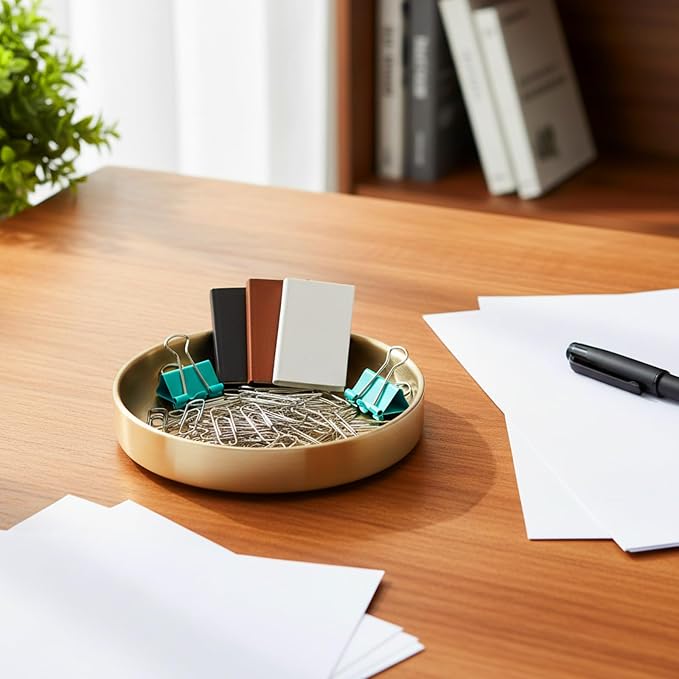 Gold Paper Clip Holder Stainless Steel Gold Decorative Bowl Round Paper Clips Storage Bowl for Office, Dressing Table, Study Desk Tiny Parts (4 Inch Diameter x 1 Inch Height)