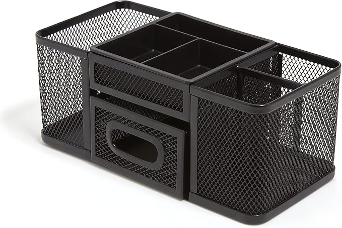 TRU RED Wire Mesh Desktop Organizer, 7‑Compartment Accessory Holder, Matte Black, 2‑Pack – Office Desk Storage