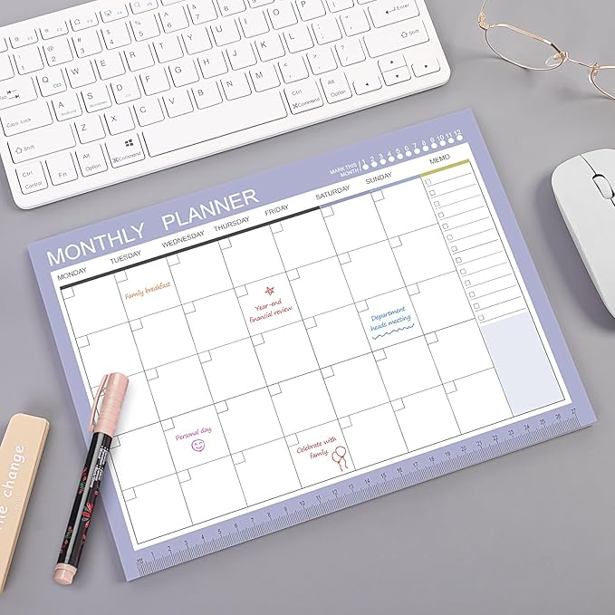 Phyxin Undated Planner, 54 Sheets Blank Calendar, 11.2" x 8.3" Monthly Calendar Planner, Tear Off Undated Monthly Planner with Memo for Women, Students, Teachers, Purple