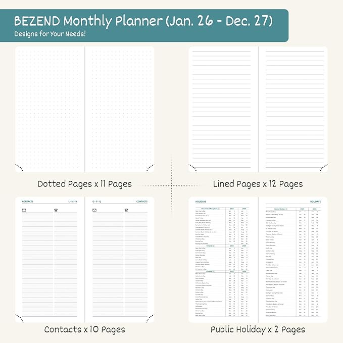 BEZEND Pocket Monthly Planner 2026-2027 (3.5" x 6.5") 2 Year Calendar Book for Purse with Note Pages, 100 GSM Paper, Inner Pocket, Pen Holder, Vegan Leather Hardcover in Black
