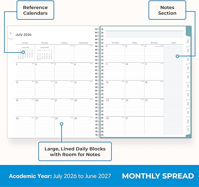 Blue Sky 2026-2027 Weekly and Monthly Academic Year Teacher Lesson Planner Calendar, July 2026 - June 2027, 8.5" x 11", Clear Pocket Cover, Wirebound, Laminated Tabs, Storage Pocket, Dots