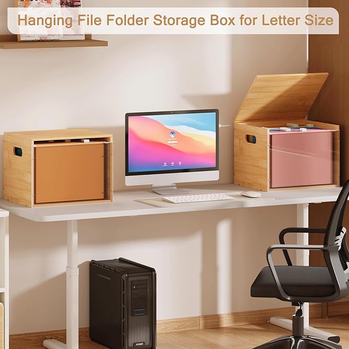 Sbanmao Acrylic File Organizer with Lid, Bamboo File Box with Handle, Hanging File Folder Organizer, Portable Filing Organizer File Crate Storage Box for Home Office Classroom, Letter Size