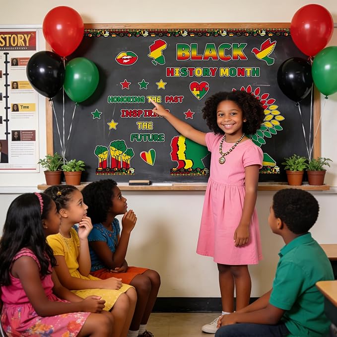 133PCS Black History Month Tree Bulletin Board Set Decorations African American Cutouts Borders with Glue Points for Wall Door Chalkboard Craft School Home Supplies