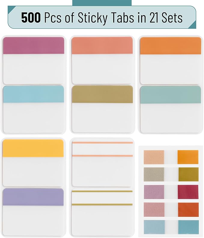 Mr. Pen- Sticky Index Tabs, 500 Pcs, 21 Sets, Vintage, Writable Colored Pages Markers Labels for Reading Notes, Books, Binders, Notebook, Folders and Classify Files, Water-Resistant