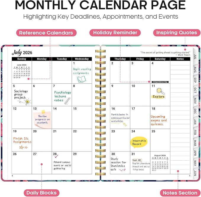 Planner 2026–2027, Academic Year Monthly & Weekly Calendar Book, Jul 2026–Jun 2027, Hardcover Organizer with Tabs, Student & Teacher Planner, 6.3" x 8.5", Garden Picnic