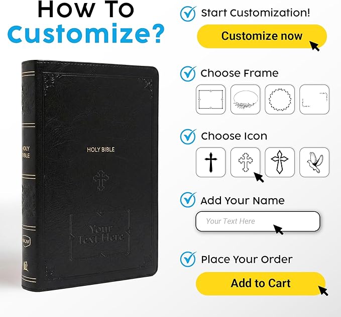 Personalized NKJV Reference Bible, Custom Name Text & Design, New King James Version, Large Print, Red Letter, Cross References, Faux Leather Black, Baptism Confirmation Gift