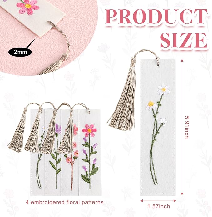 Gersoniel 4 Pack Embroidery Felt Bookmarks Floral Patterns Bookmark with Tassels Handmade Flower Bookmark Cute Book Markers for Reading Adults School Office Book Lovers Gifts (Flower)