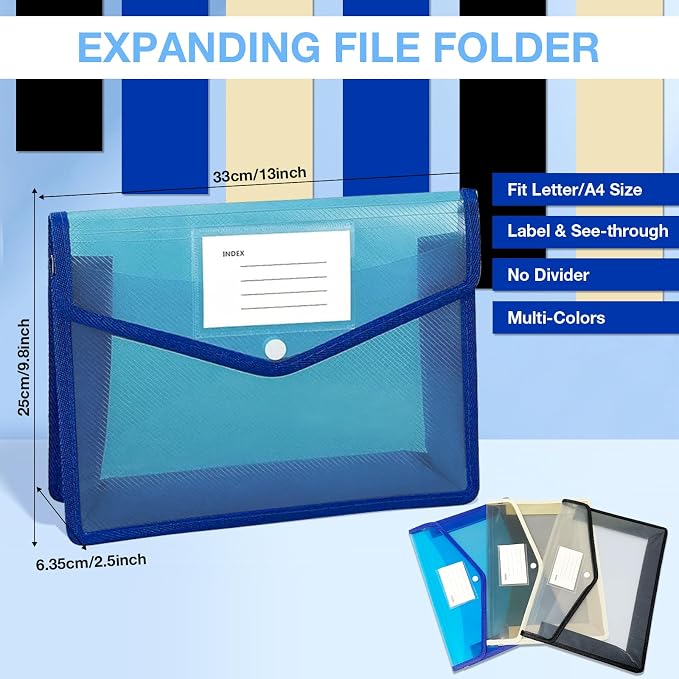3Pcs Plastic Expanding File Folder, Transparent envelopes with Snap Closure, No Dividers, Large Capacity, Colorful File Folder Organizer, Accordion File Organizer, Fit Letter/A4 Size for Office/School