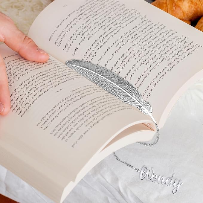 Custom Feather Bookmark Personalized Metal Bookmark with Name Pendant, Gold Silver Customized Gift for Bookworms, Teachers, Women Includes Gift Box