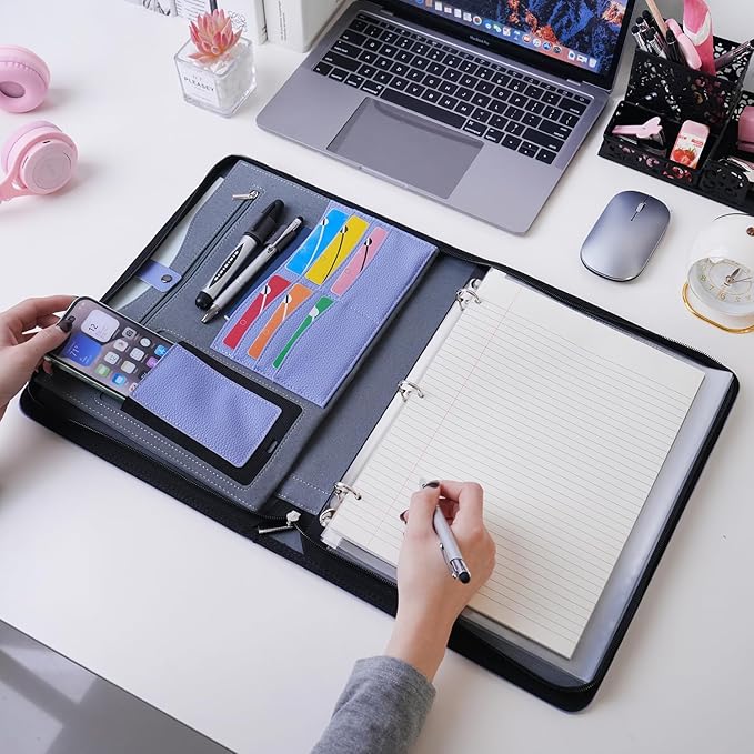 Wonderpool Travel Zippered Portfolio 3 Ring Binder A4 Padfolio Document Case with Removable Clipboard Legal Pad Holder, Business Office School Organizer for Men and Women (Purple)