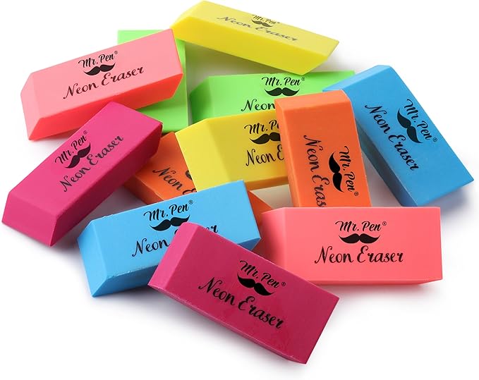 Mr. Pen- Pencil Eraser, 12 Pack, Neon Colors, Large Latex Free Block Erasers for School, Office, Art Sketching, Homework, Exams, Clean Smudge-Free Correction