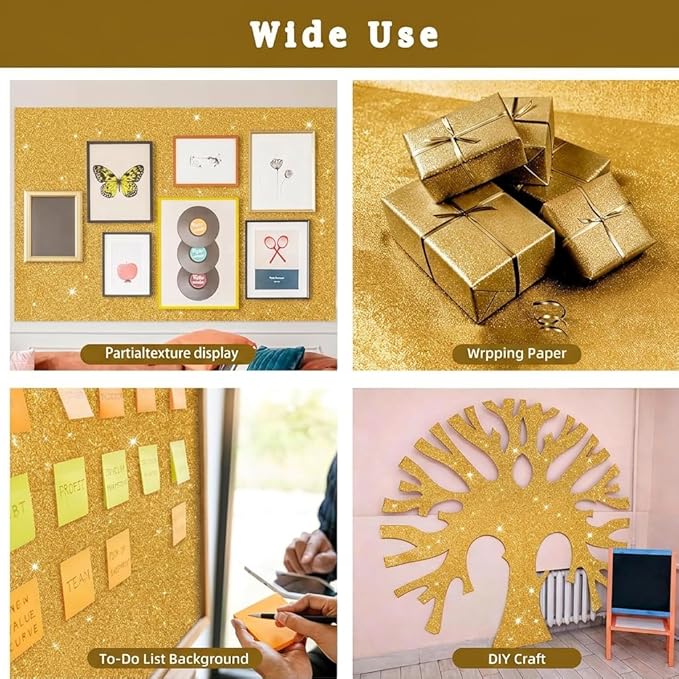 16" × 30ft Gold Yellow Glitter Bulletin Board Roll Sparkle Decorations Bulletin Board Background Non Fading Wallpaper DIY Art Crafts Poster Paper for Home Office Classroom Decoration Wrapping Crafts