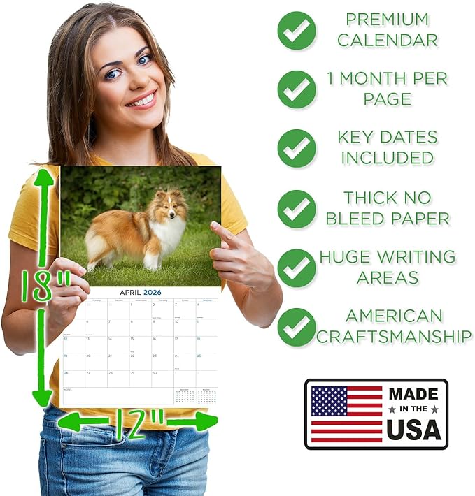 2025 2026 Shetland Sheepdog Calendar - Dog Breed Monthly Wall Calendar - 12" x 18" Open - Thick No-Bleed Paper - Giftable - Academic Teacher's Planner Calendar Organizing & Planning - Made in USA