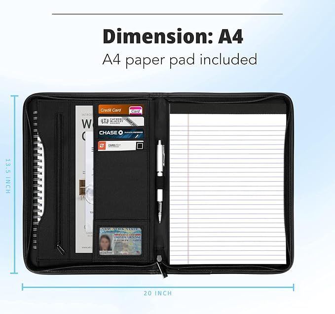 Zippered Portfolio Organizer/ A4 Refillable Lined Writing Notepad Folder Case/Fabric-Covered Padfolio Binder with Interior Storage Pocket for Men Women.Classic Black