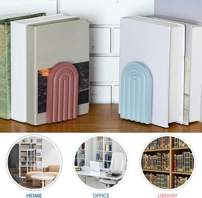 Harloon 4 Pcs Boho Arch Wooden Bookends, Decorative Rainbow Book Stoppers with Non-Slip Metal Base, 5x3x4 Inches, Cute Shelf Decor for Heavy Books, Home Office Study Desk Organizer(Morandi Color)