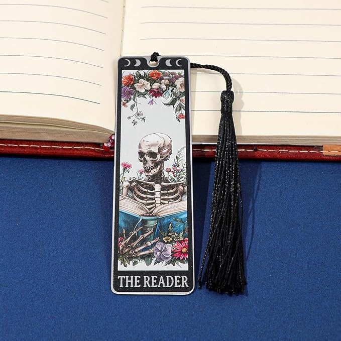 3Pcs Unique Skull Reader Bookmark - Metal Bookmark with Black Tassel, Star and Rose Pattern, Engraved “THE Reader” for Dark Gothic Lovers, Women Readers Fantasy Gift Gothic Gift (3PCSE)