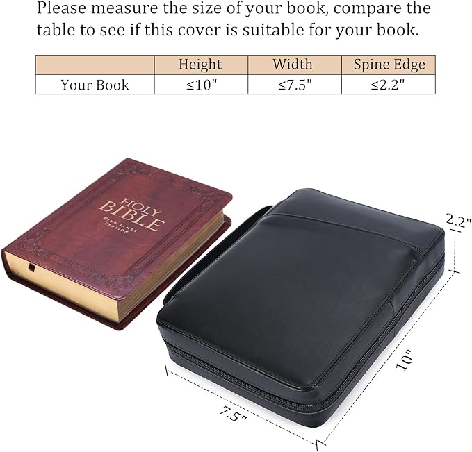 Polare Napa Leather Bible Cover Church Bag 10x7.5x2.2 inch Carrying Book Case Bible Protective with Handle and YKK Zippered Pocket (Black)