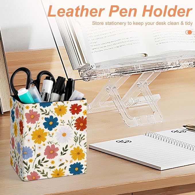 Flowers Print Square Leather Pen Holder, Minimalist Desk Organizer for Office Home School, Pencil & Stationery Storage Box, Gift for Students Teachers Colleagues
