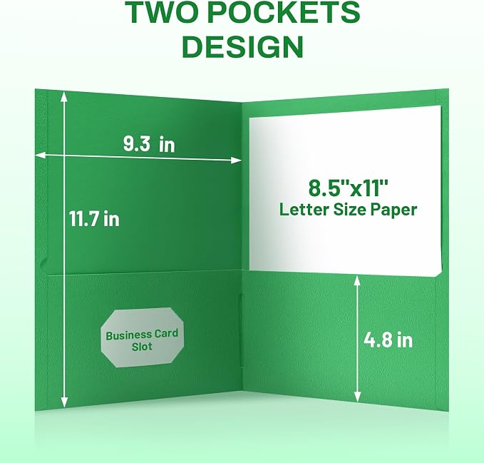 SUNEE Two Pocket Folders, 50 Pack File Folders with Business Card Slot, Textured Paper, Fit Letter Size Paper, Paper File Folder for School Office Home Business, Green