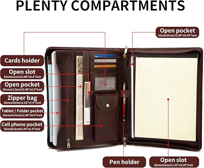 YIWEN Personalized Leather Portfolio, Zippered Padfolio Organizer Case, 8.5 x 11" Notepad Holder and 13" Tablet Folio, Professional Business Travel Gift for Women and Men (Dark Brown, Oil Wax Leather)