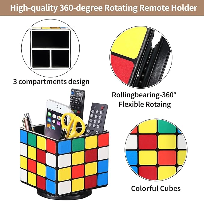 YAPISHI Remote Control Holder, 360° Swivel TV Remote Holder for Table, PU Leather Remotes Caddy, Nightstand Organizer for Media Controllers/Makeup/Office Supplies, Bedside Decorations for Living Room