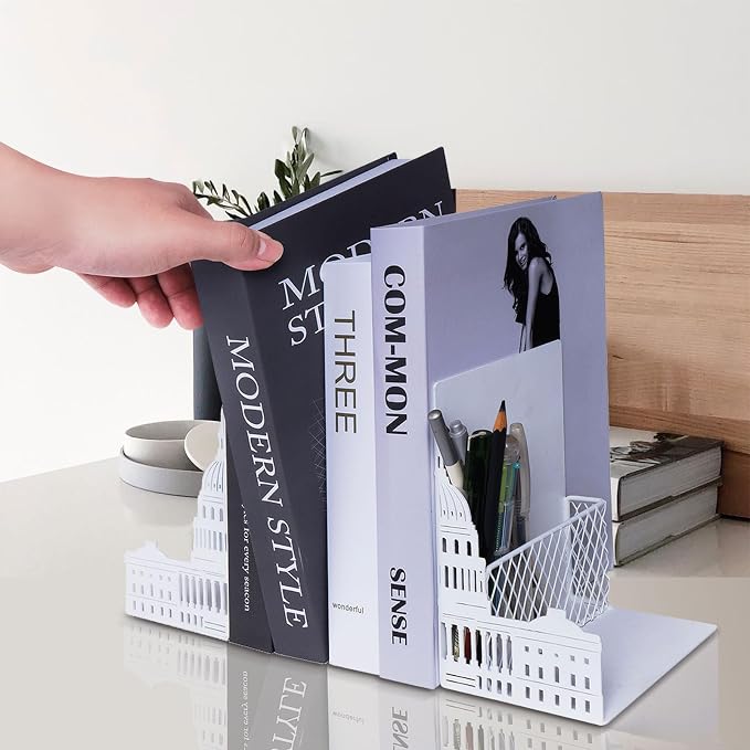 Capitol Book Ends Decorative for Shelves,ENCIMART 1.5mm Thickened Bookends with Pen Holder,Heavy Duty Metal Book Stopper Desk Organizer Holder for Office Gift (White)