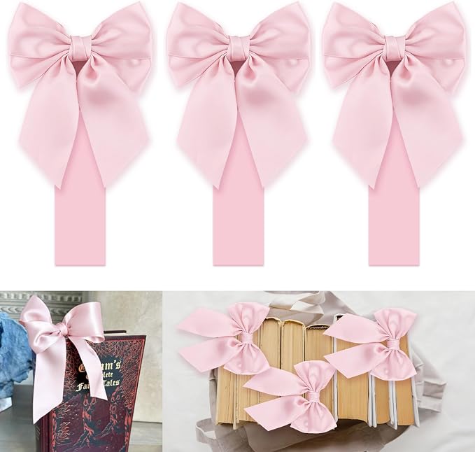 Light Pink Satin Bow Bookmark Anniversary Coquete Book Mark Mini Pink Satin Ribbon Bows Appliques Bowknot for Book Lovers Crafting Sewing