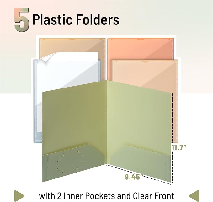 Mr. Pen- Plastic Folders with Front Pocket, 5 pcs, Assorted Colors, 2 Pocket Folder