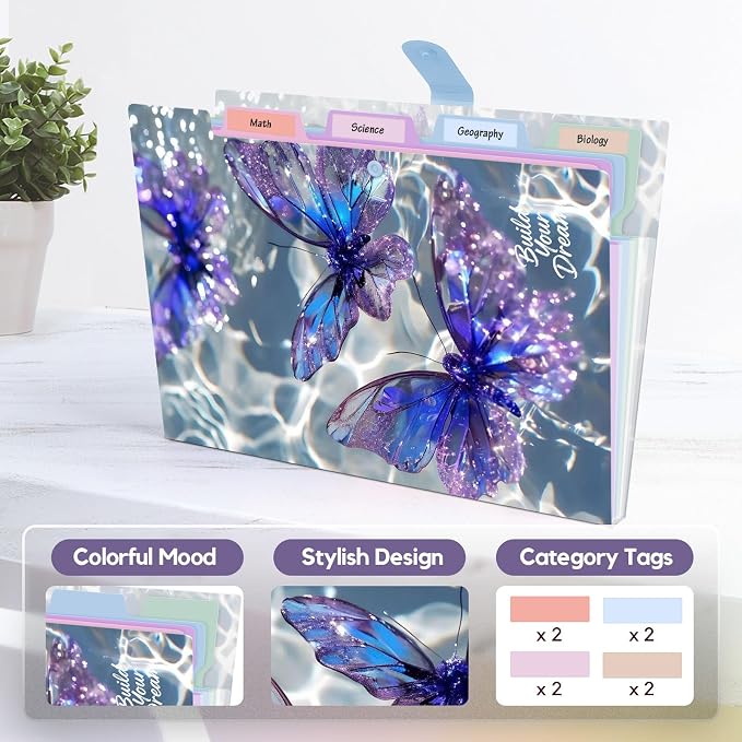 Cute Expanding File Folder - 5 Pockets Accordion Document Organizer, Waterproof Poly Plastic, A4/Letter Size for School Office Home - Butterfly Purple