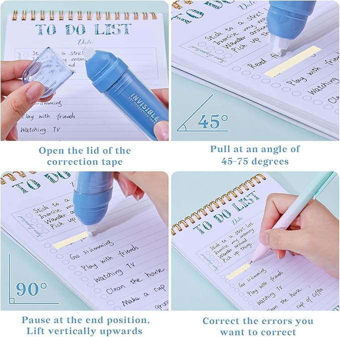 Temiary 4 Pcs White Correction Tapes, Beige Core Smooth Pull Out for Writing, Aesthetic Cream Correction Tape Gradient Set, Quick Dry Applicator for Students School Office Supplies (Blue)