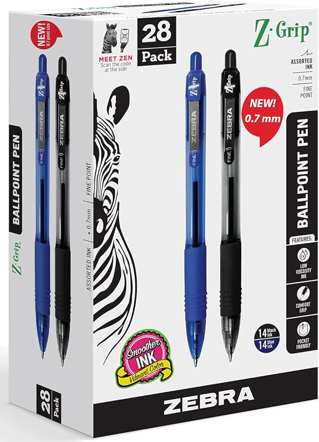 Zebra Pen Z-Grip Retractable Ballpoint Pens, Fine Point 0.7 mm, 14 Black Pens & 14 Blue Pens Combo Bulk Pack - 28 Pack